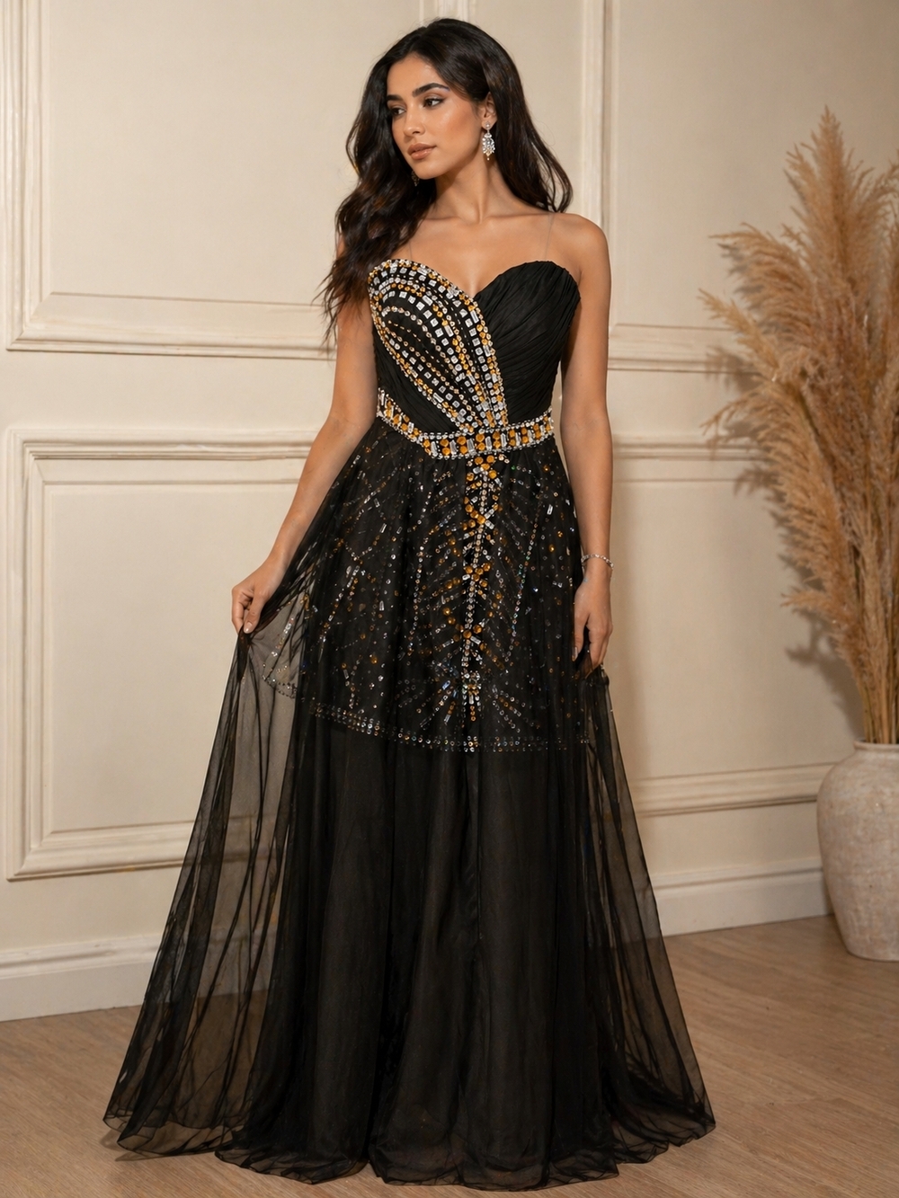 Black Strapless Evening Gown with Gold & Silver Embellishment